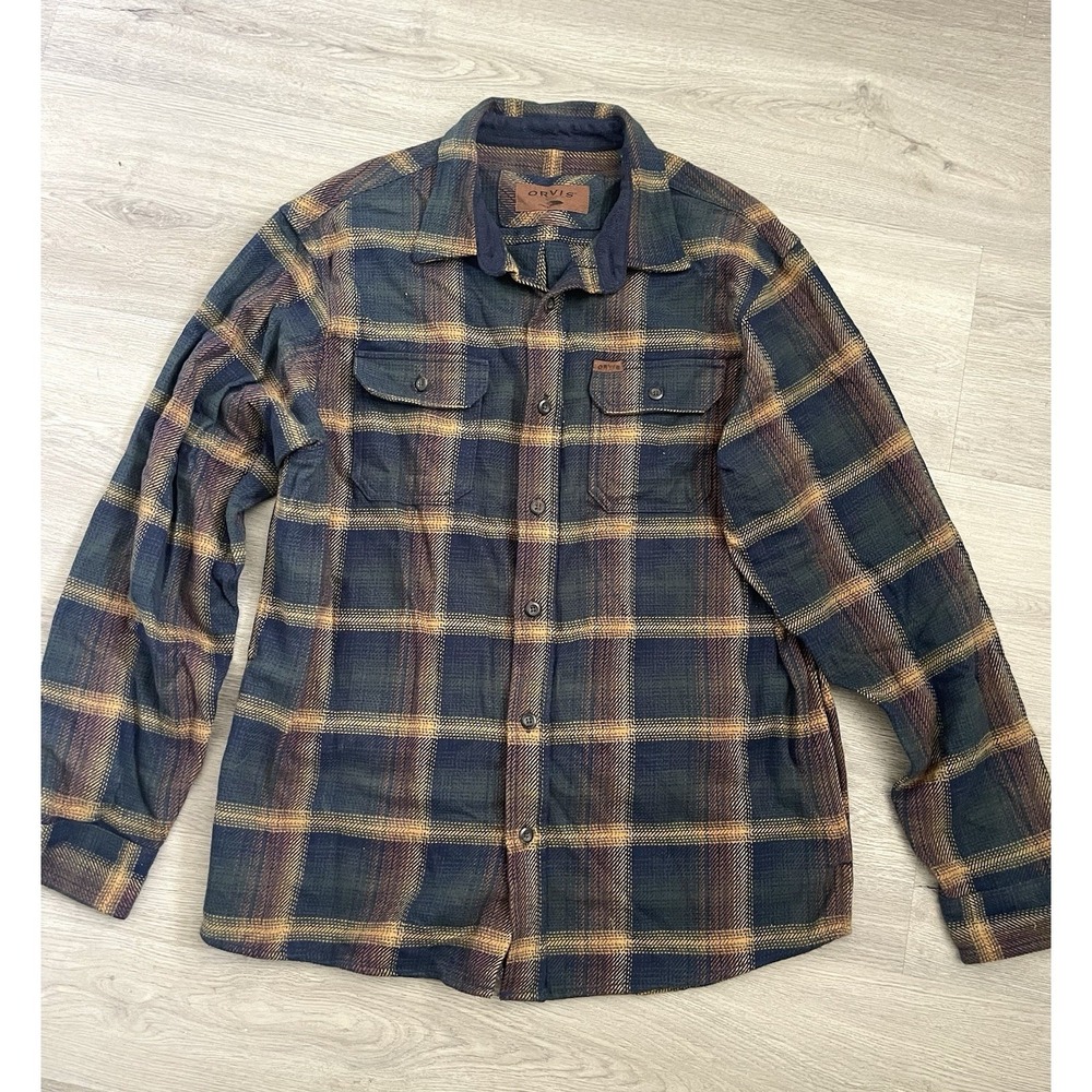 Men's Orvis Heavyweight Flannel Shirt Jacket‎ Pockets L Plaid Multicolor Outdoor